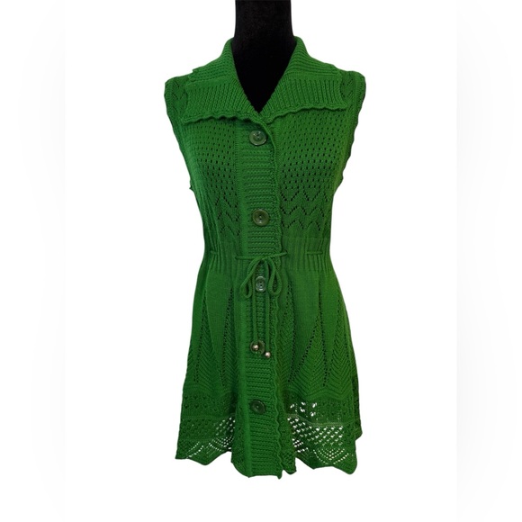 Green Wide Collar Button Drawstring Women's Sweater Vest / Dress M EUC - Picture 1 of 3